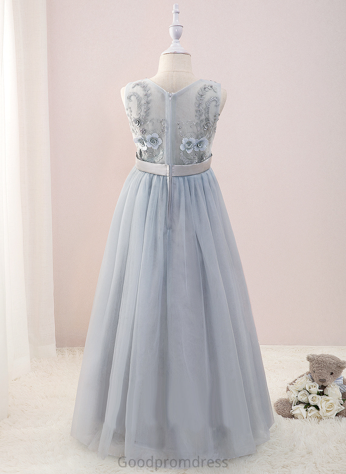 Flower Girl Dresses Flower V-neck Tulle/Lace Floor-length Girl Sleeveless Beryl Beading/Flower(s) - Dress A-Line With