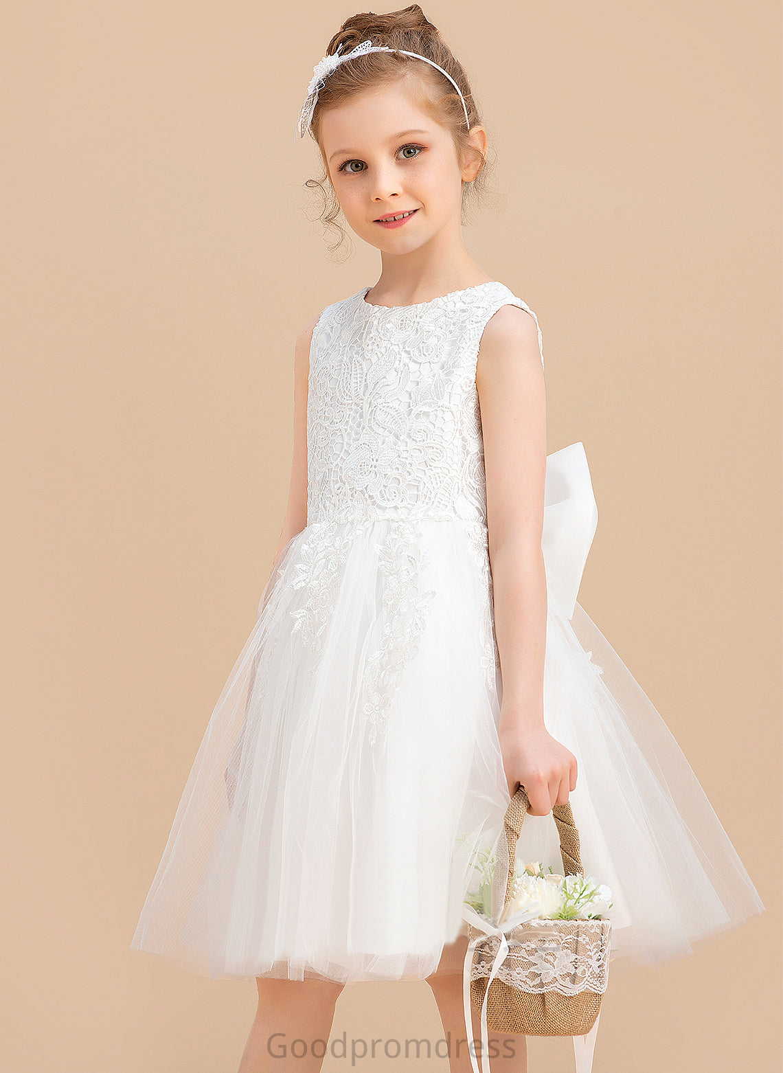 Lauryn Sleeveless Dress Girl - With Knee-length Flower Girl Dresses Neck Flower Tulle/Lace Lace/Bow(s) Scoop A-Line