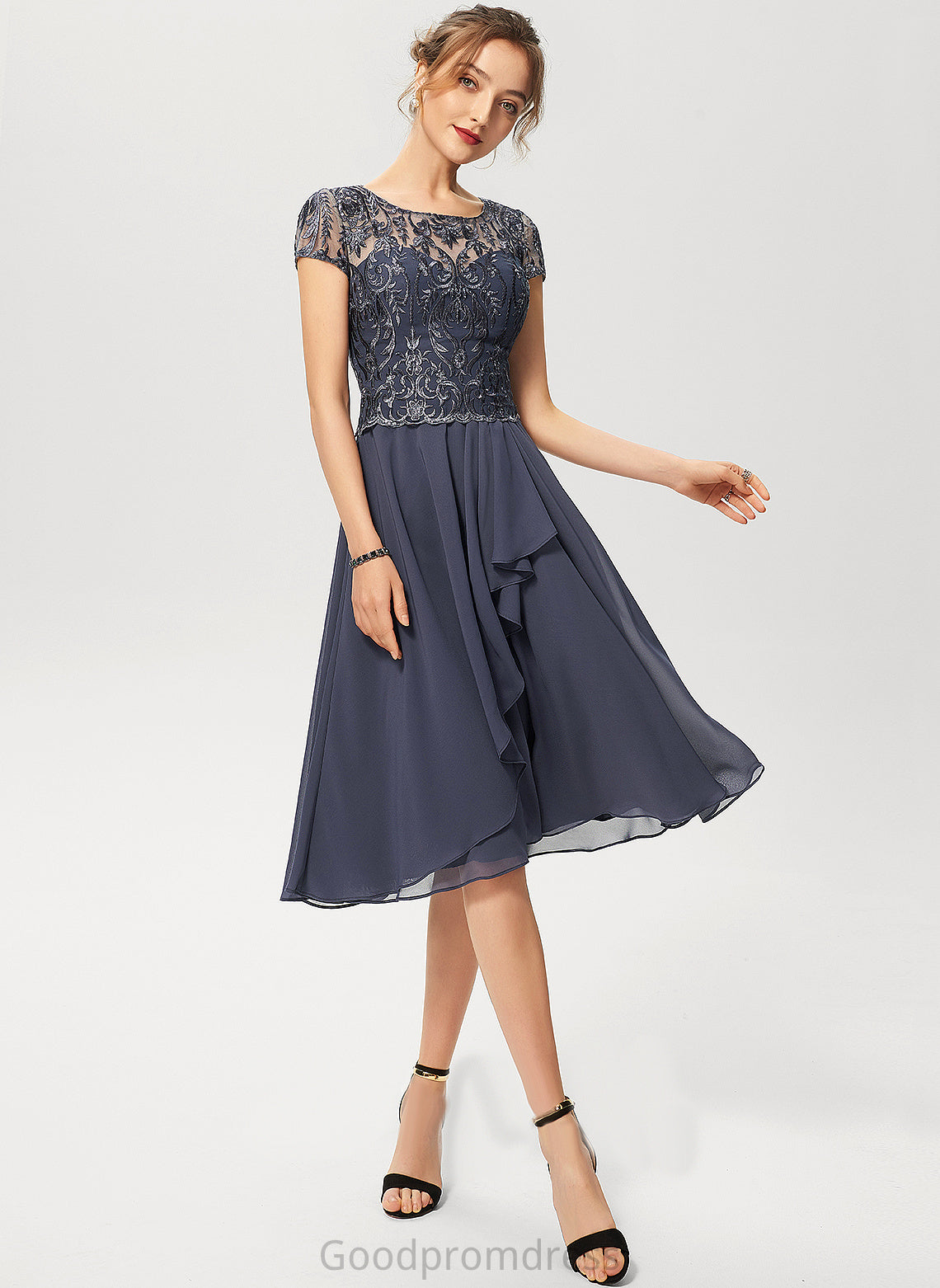 Ruffles Diya Lace Chiffon Knee-Length Cocktail Dress Neck Scoop A-Line Cocktail Dresses With Cascading