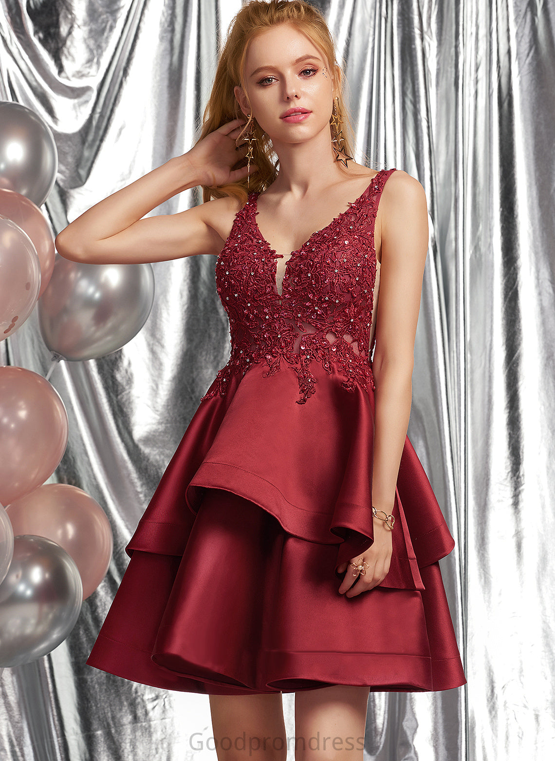 Satin Sequins Homecoming With Dress A-Line Beading V-neck Hailey Homecoming Dresses Short/Mini Lace