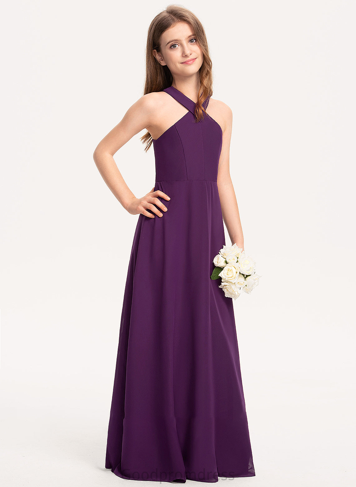 Floor-Length A-Line Hillary Junior Bridesmaid Dresses V-neck Chiffon