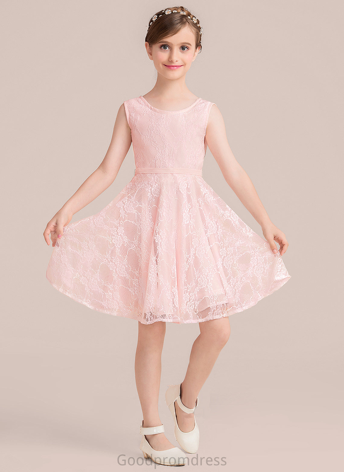 A-Line Scoop With Bow(s) Lace Sash Estrella Neck Knee-Length Junior Bridesmaid Dresses