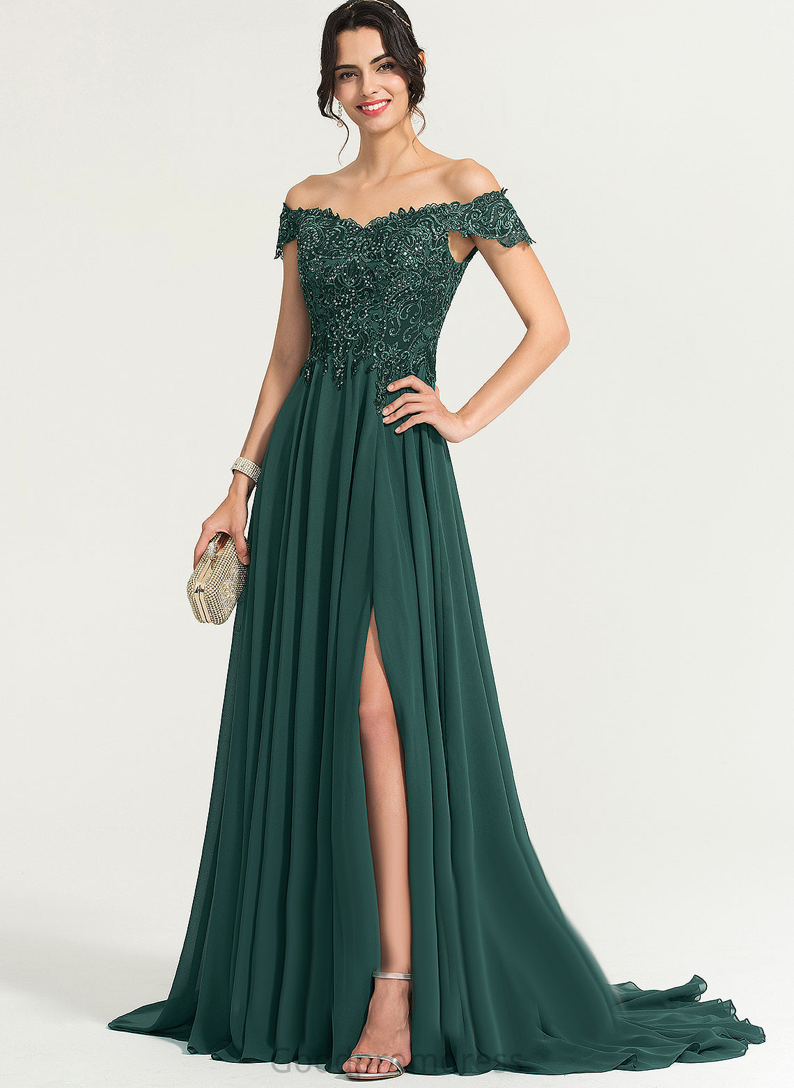 Sequins Chiffon Lace With Prom Dresses Off-the-Shoulder A-Line Train Setlla Sweep