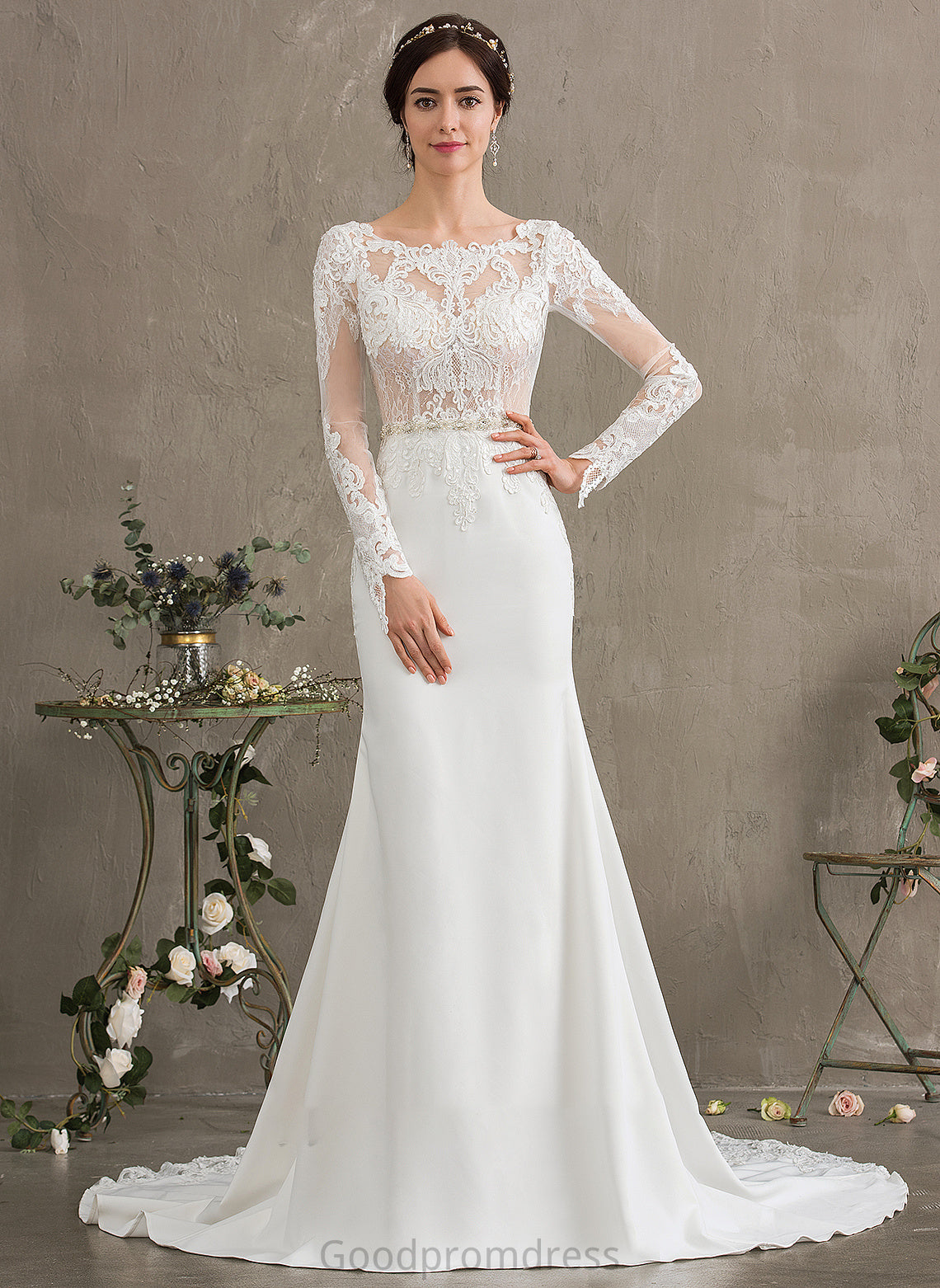 With Crepe Stretch Chapel Wedding Dress Beading Wedding Dresses Neck Trumpet/Mermaid Scoop Train Sequins Lola