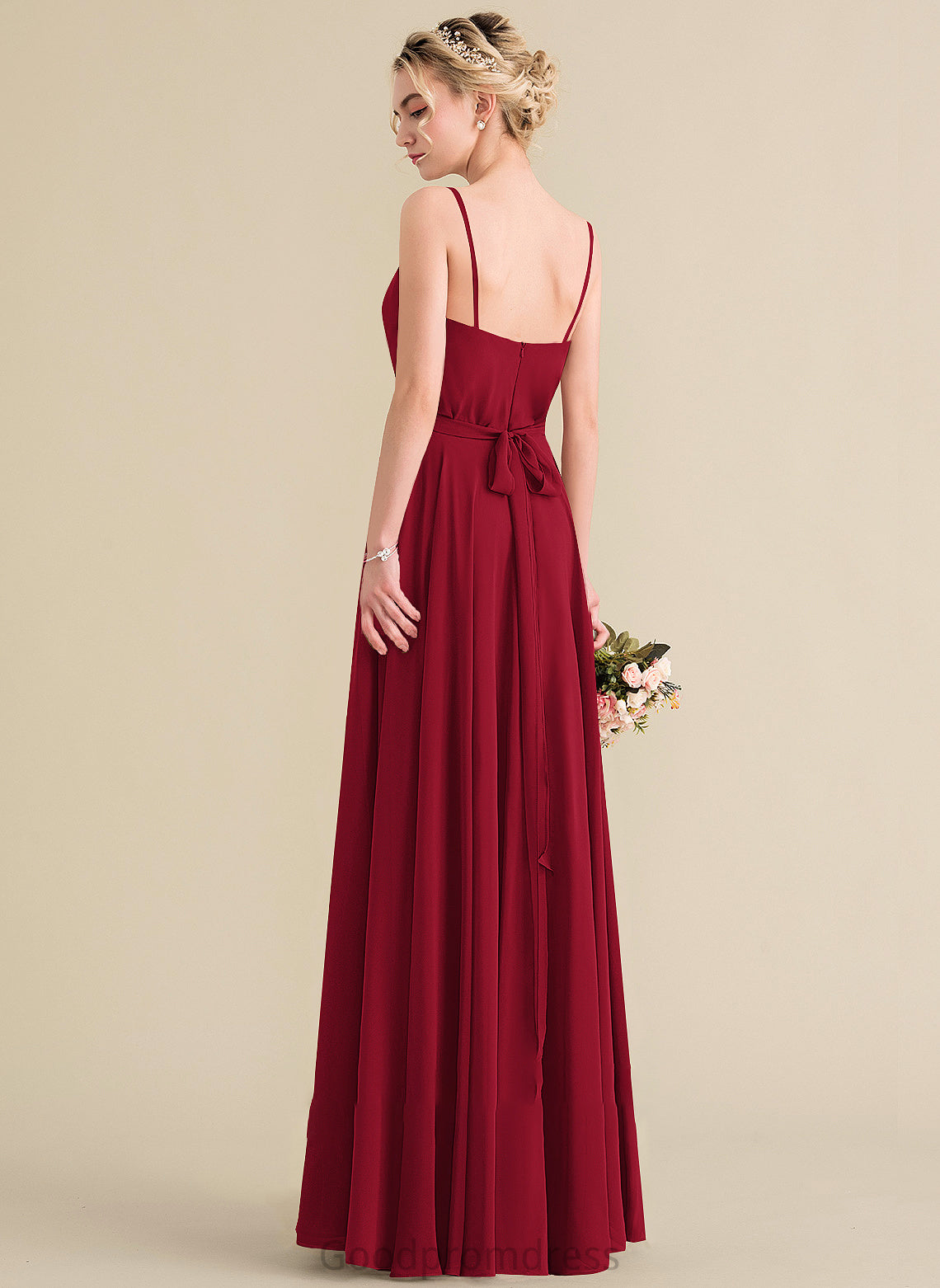 Floor-Length Neckline Fabric V-neck Bow(s) Embellishment A-Line Length Silhouette Gabrielle Sleeveless Natural Waist Bridesmaid Dresses