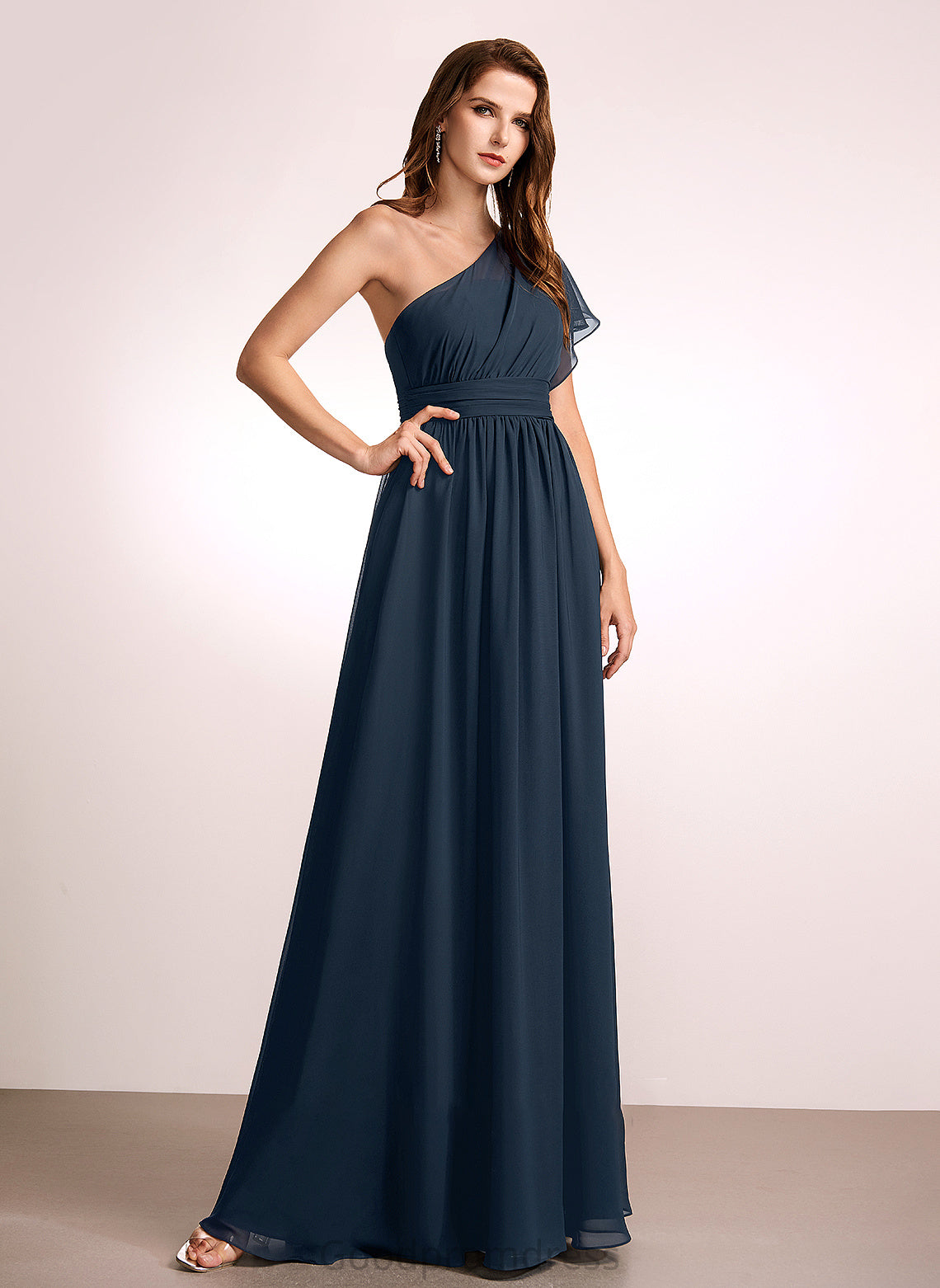 Embellishment Length Floor-Length A-Line Ruffle Fabric Silhouette One-Shoulder Neckline Amy Natural Waist Floor Length Bridesmaid Dresses