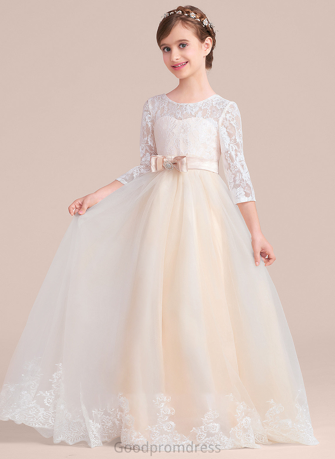 Scoop Neck Bow(s) Sash Floor-Length Ball-Gown/Princess Junior Bridesmaid Dresses Tulle With Lace Beading Quinn