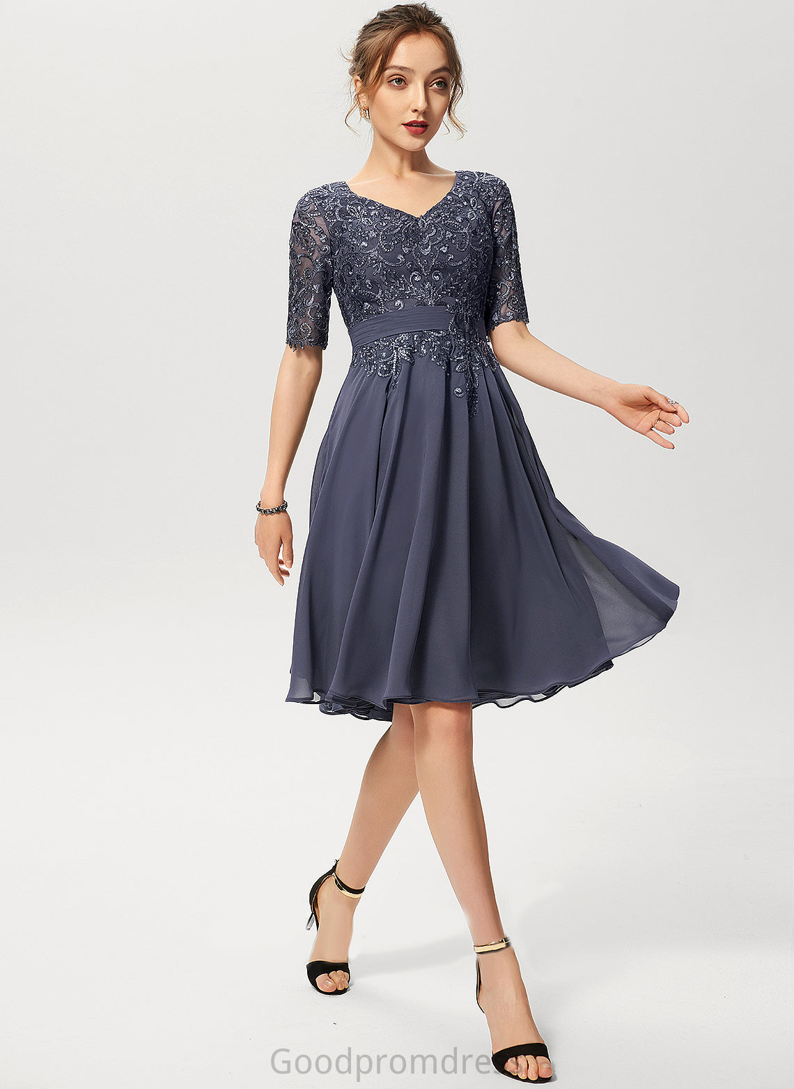 Ashley Cocktail Dress With V-neck Lace A-Line Chiffon Sequins Knee-Length Cocktail Dresses