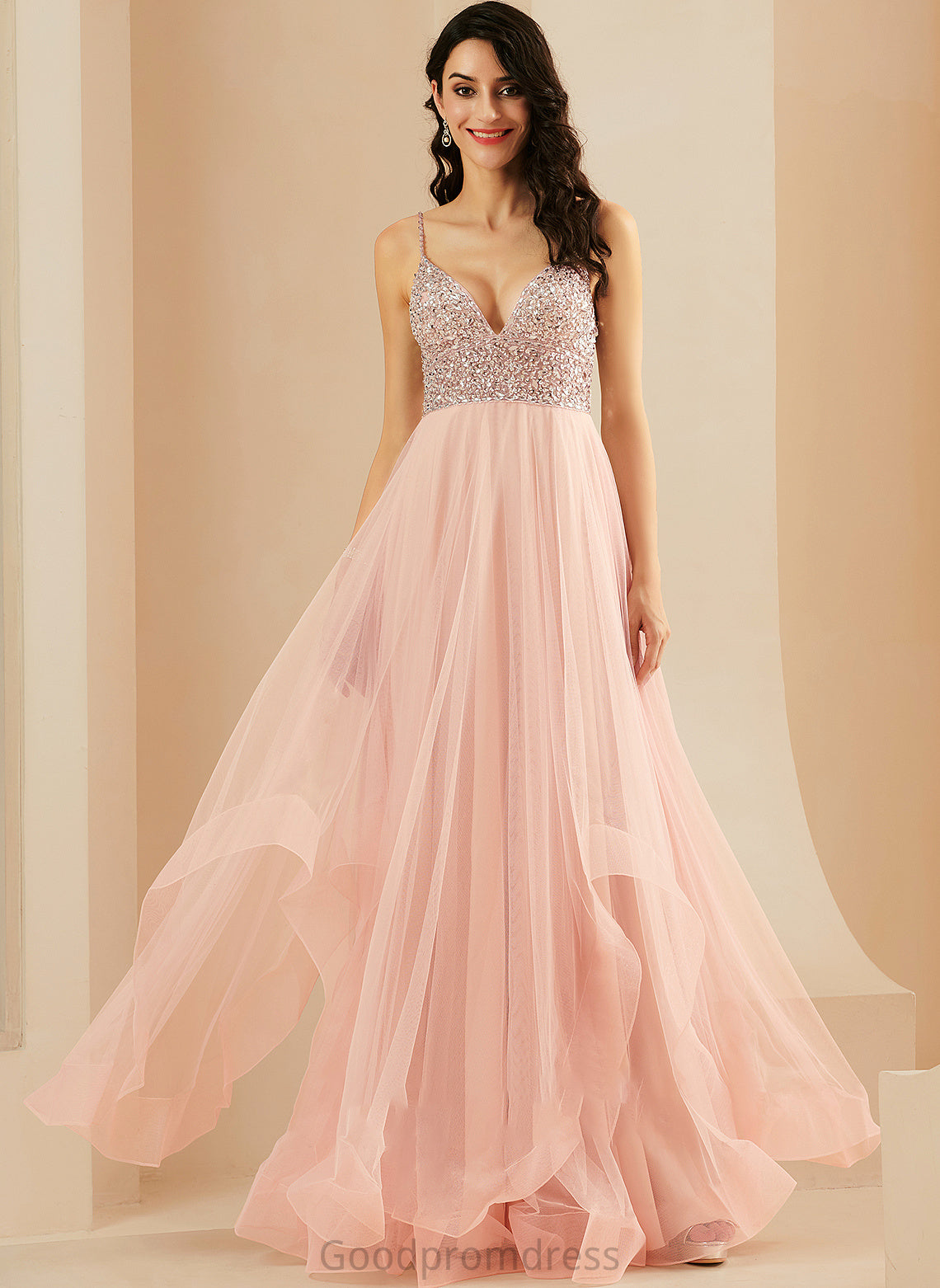 A-Line With Floor-Length V-neck Beading Sequins Selina Tulle Prom Dresses