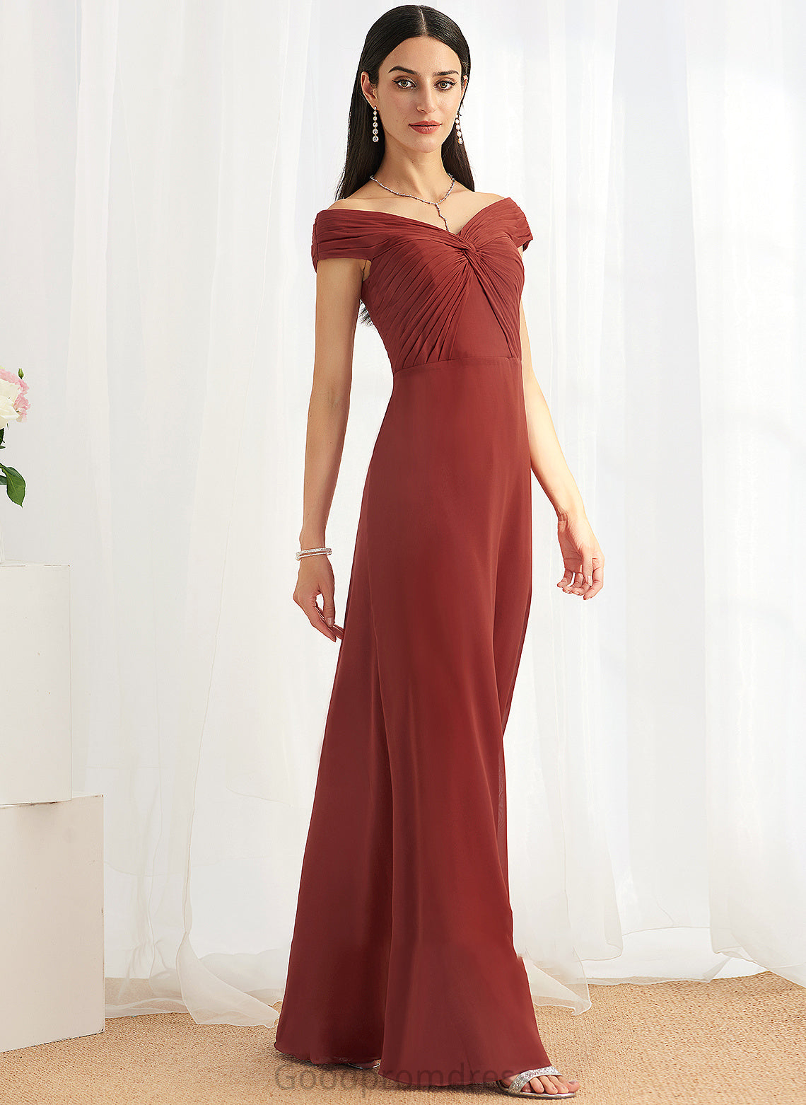 Length Ruffle Silhouette Sheath/Column Embellishment Off-the-Shoulder Fabric Floor-Length Neckline Jamie A-Line/Princess Sleeveless Bridesmaid Dresses