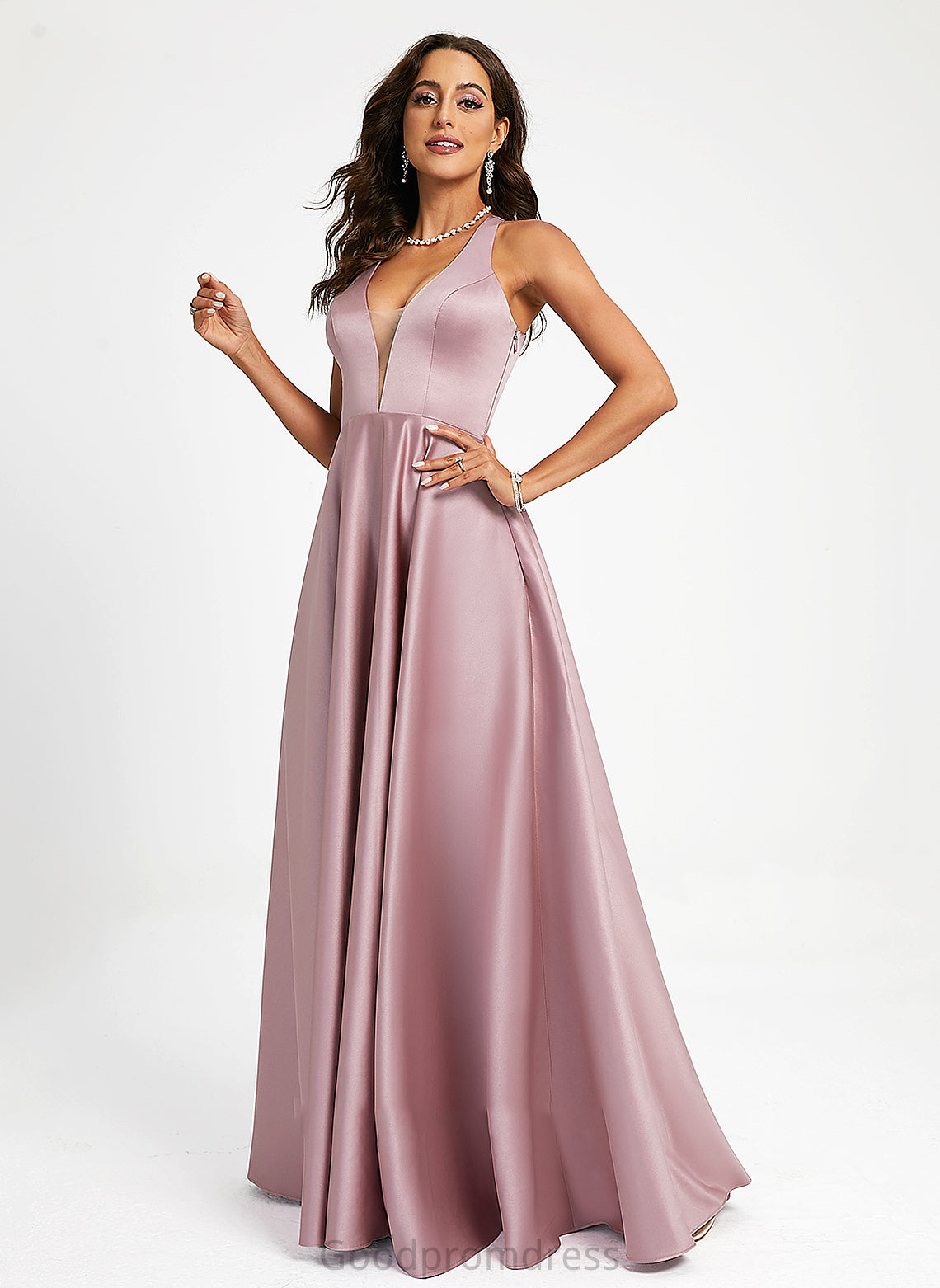 Aniyah Prom Dresses Satin A-Line V-neck Floor-Length