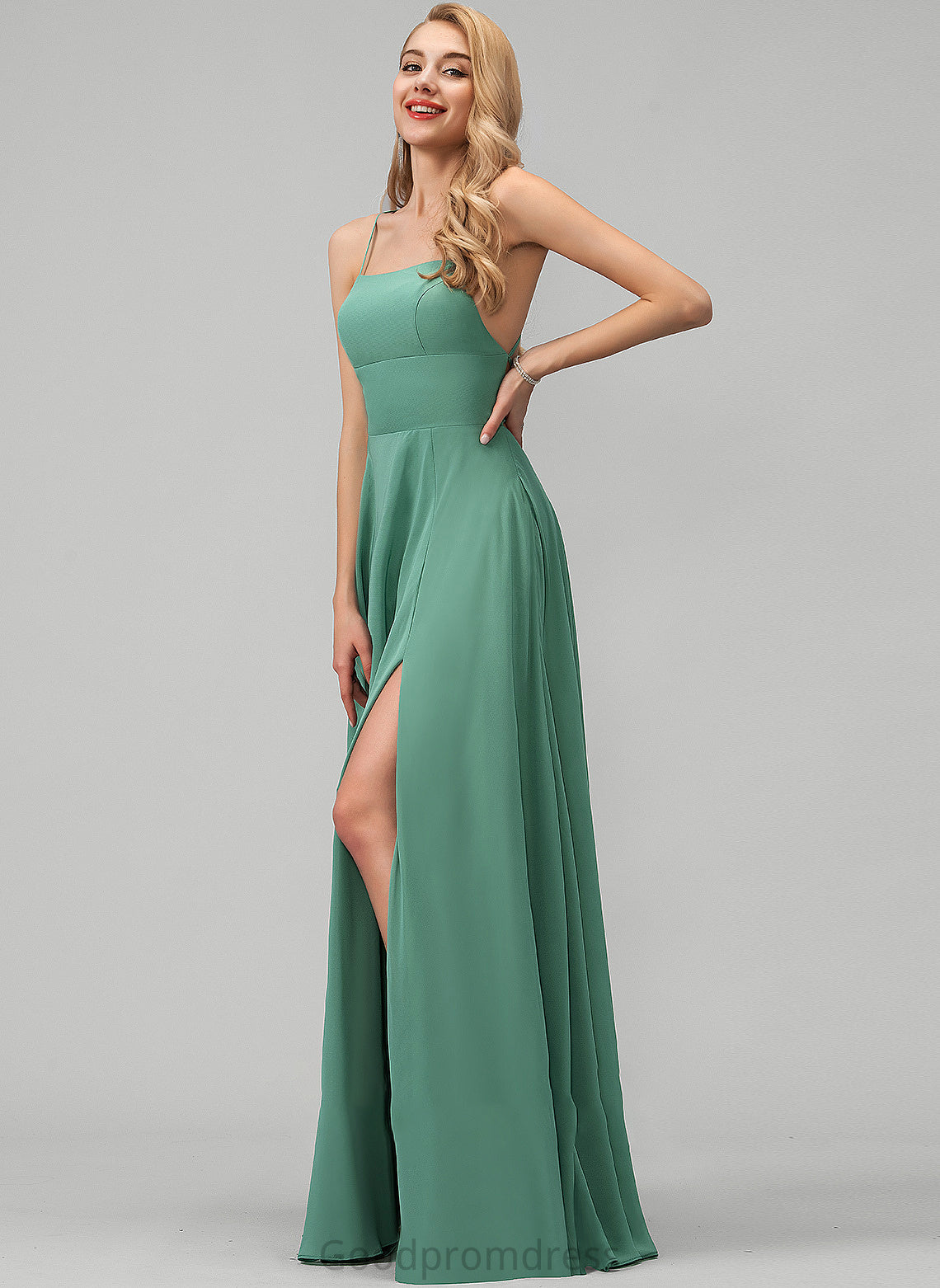 Floor-Length Length A-Line SplitFront Embellishment Fabric Silhouette SquareNeckline Pockets Neckline Willa Sleeveless Bridesmaid Dresses