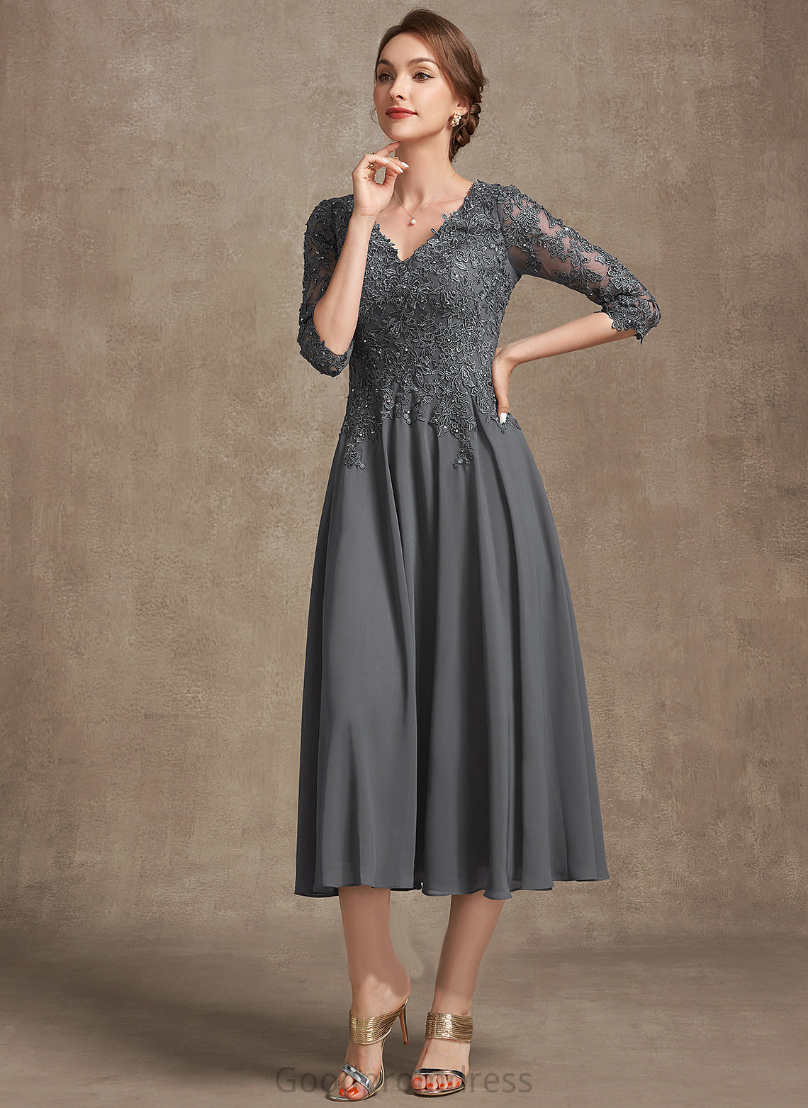 A-Line Tea-Length Lace Dress Chiffon V-neck Beading the Mother of the Bride Dresses of Sequins Bride Ellen Mother With