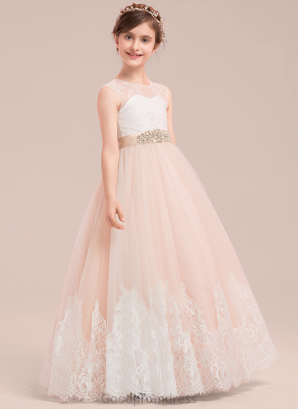 Satin/Tulle/Lace Sleeveless Flower Girl Dresses Floor-length Neck Ball-Gown/Princess - With Flower Beading Dress Girl Marley Scoop