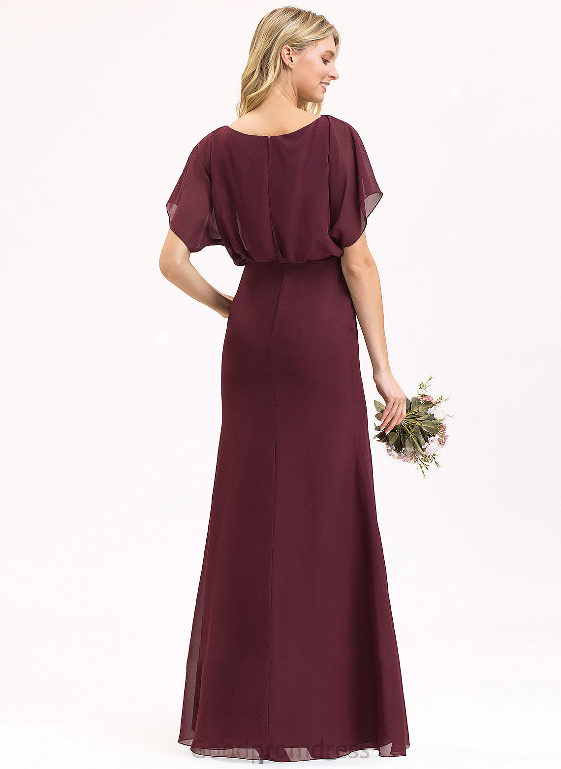 Silhouette Length Fabric Neckline ScoopNeck Sheath/Column SplitFront Ruffle Embellishment Floor-Length Aryanna Floor Length Bridesmaid Dresses