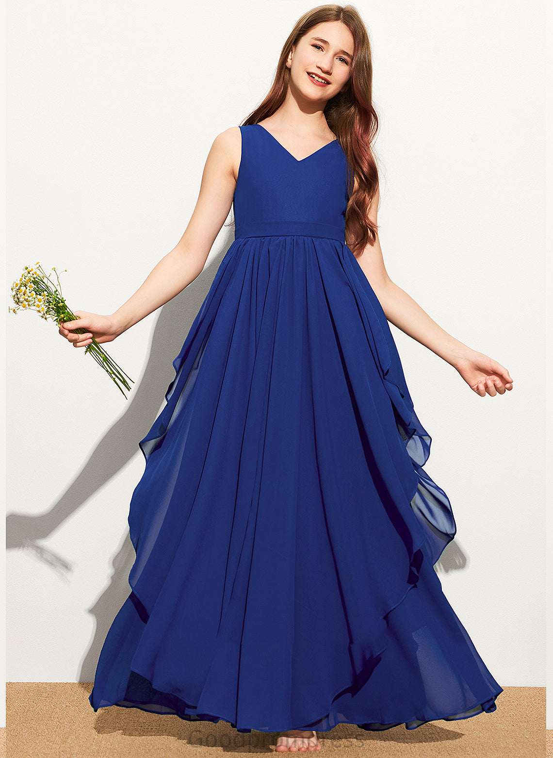 Elyse Junior Bridesmaid Dresses Floor-Length Cascading Ruffles With Chiffon V-neck A-Line