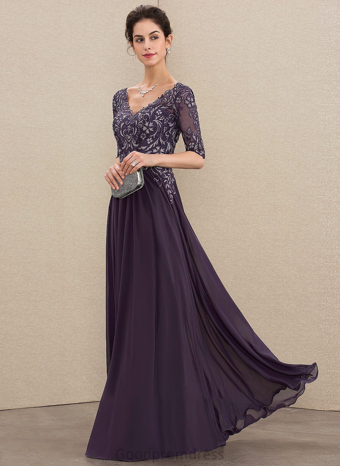 V-neck Floor-Length Mother Bride the Dress Elliana of Mother of the Bride Dresses Lace A-Line Chiffon