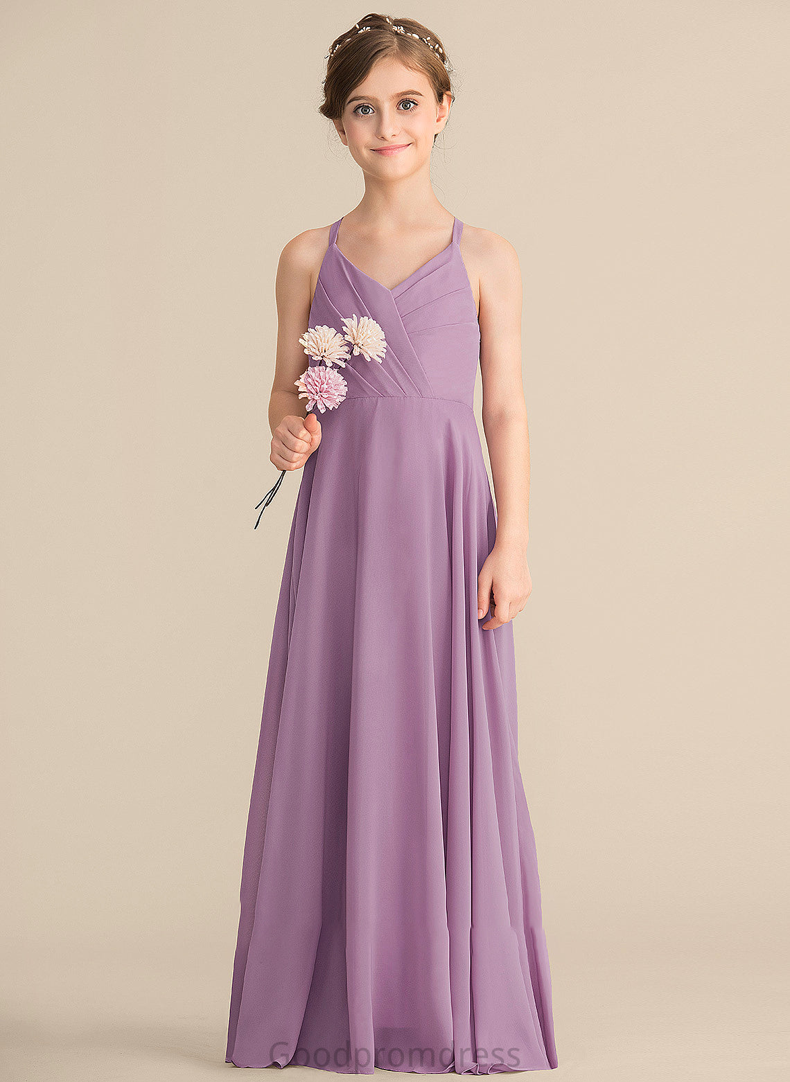 Floor-Length Junior Bridesmaid Dresses Chiffon A-Line Anya Cascading Ruffles With V-neck