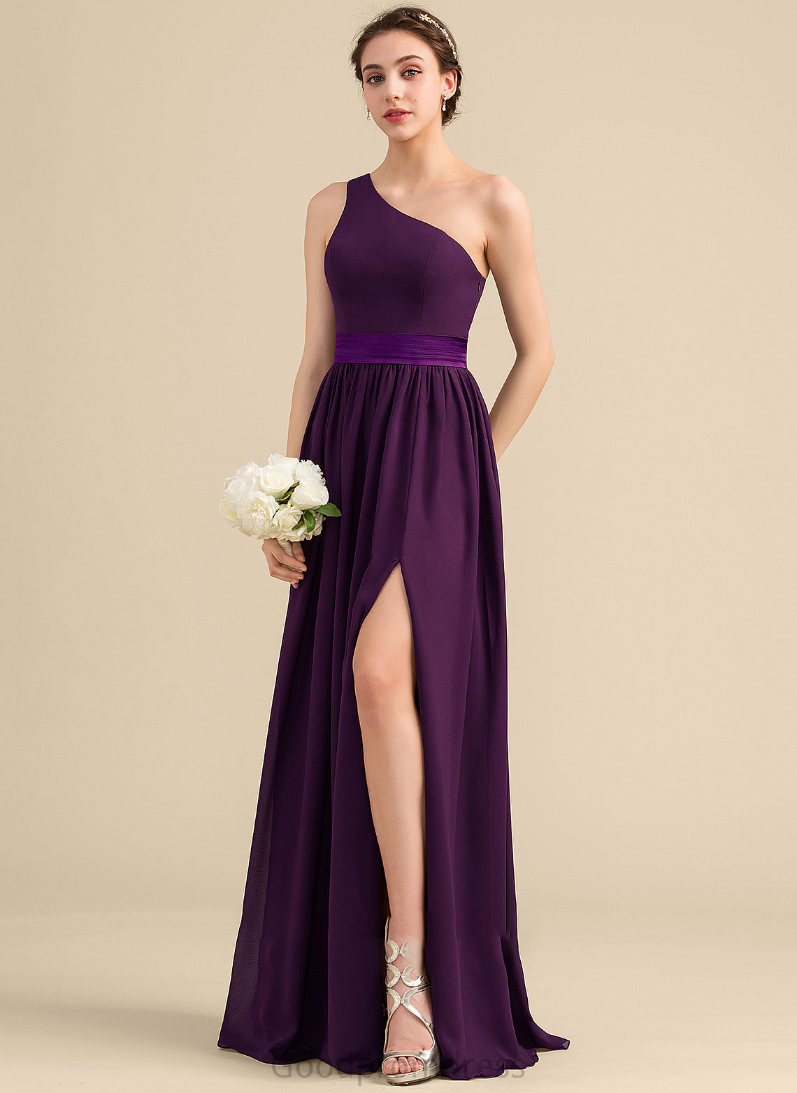 A-Line Ruffle SplitFront Fabric Neckline Silhouette Floor-Length One-Shoulder Length Embellishment Lara Tea Length Bridesmaid Dresses