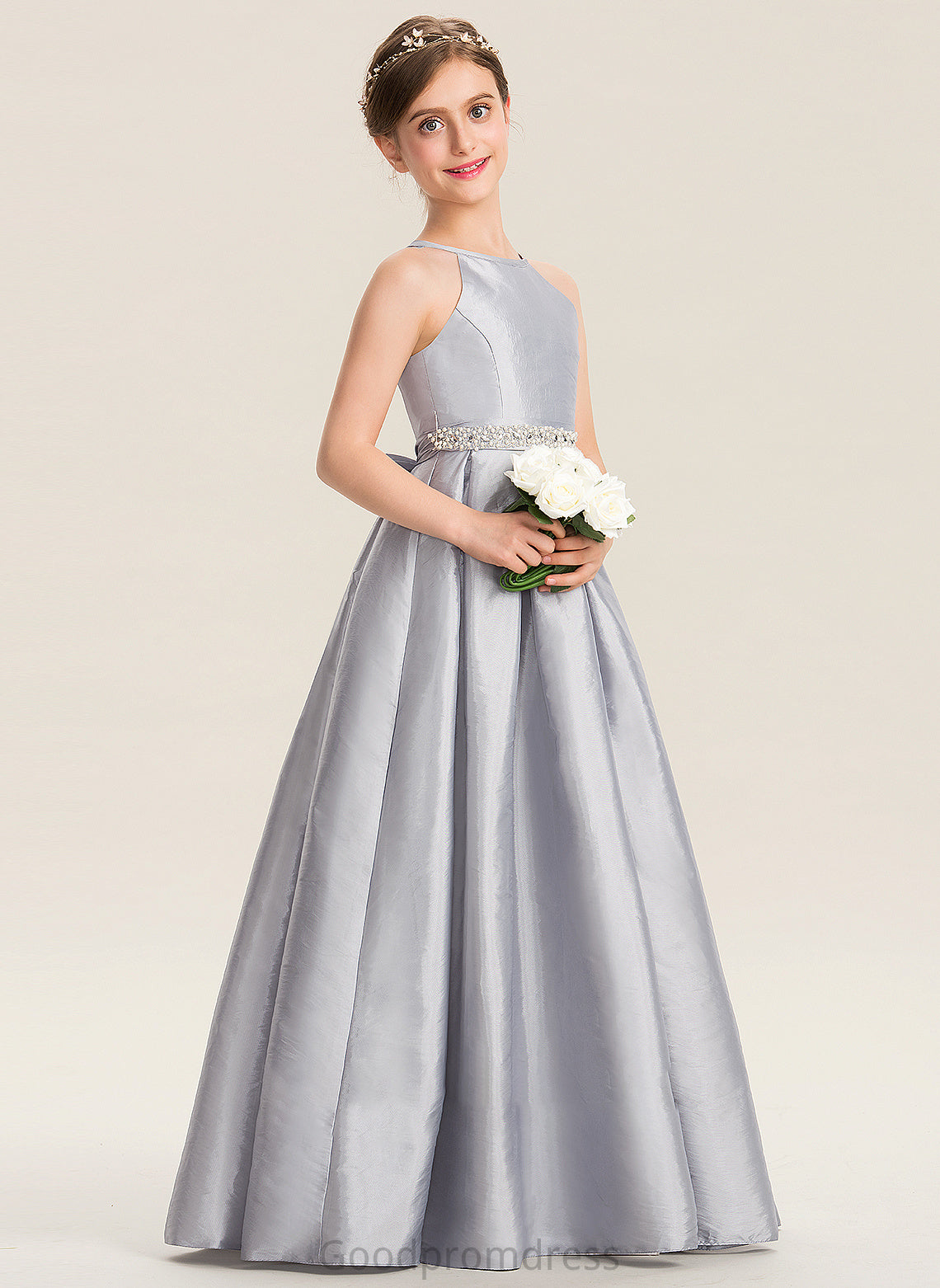 Bow(s) Junior Bridesmaid Dresses Taffeta Floor-Length Beading Neck Penelope With A-Line Scoop