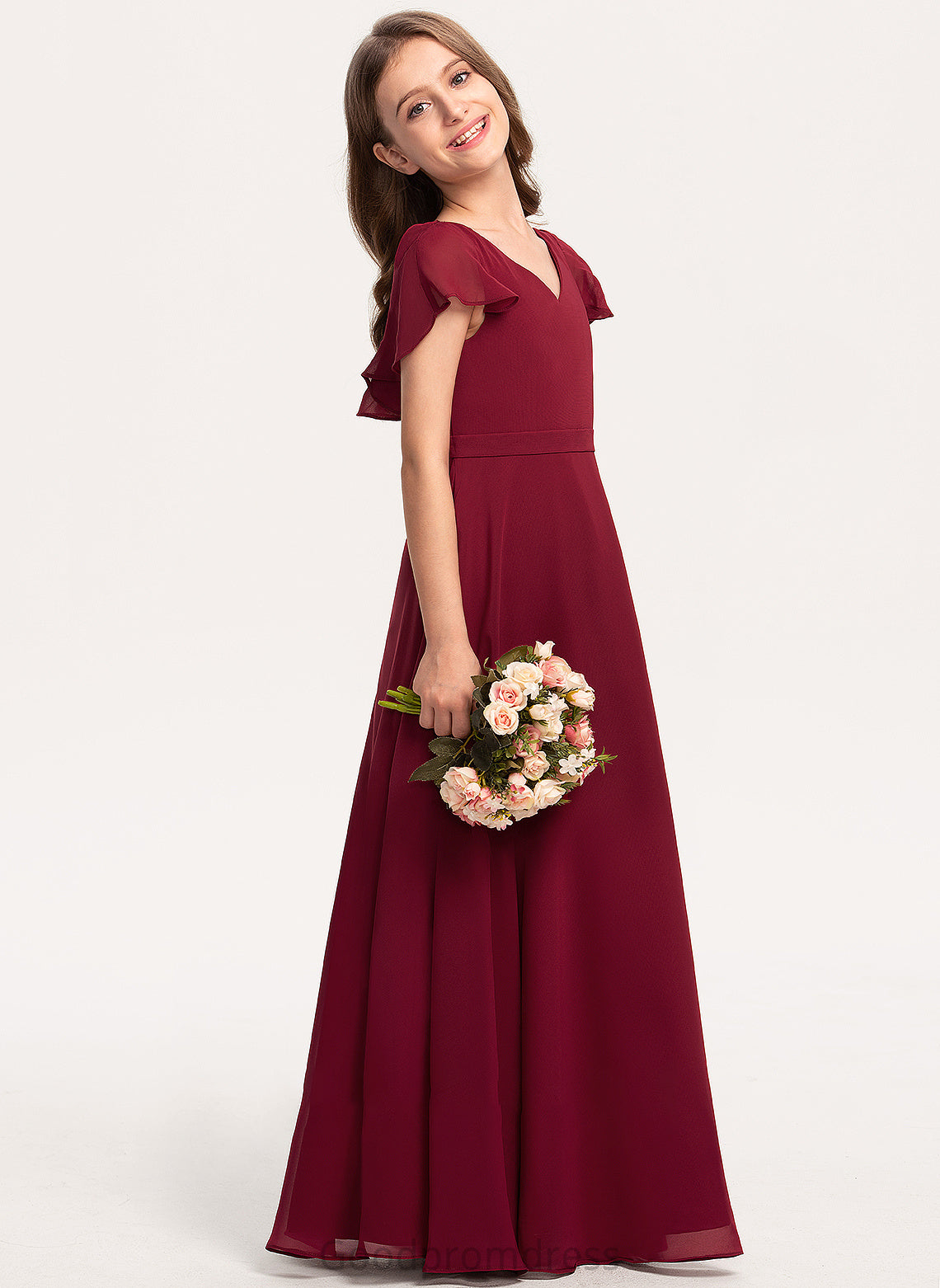 Jamie Ruffles Floor-Length V-neck Cascading With Junior Bridesmaid Dresses A-Line Chiffon