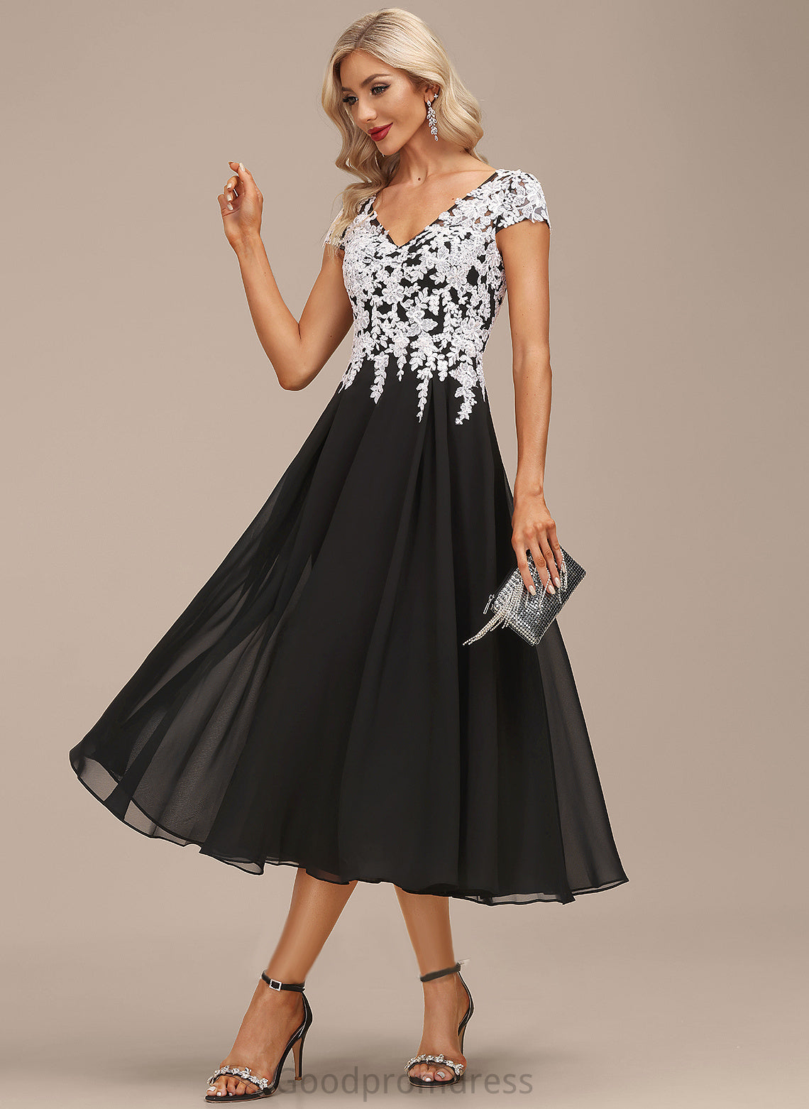 Serena A-Line Lace Dress Chiffon V-neck Cocktail Dresses Tea-Length Cocktail