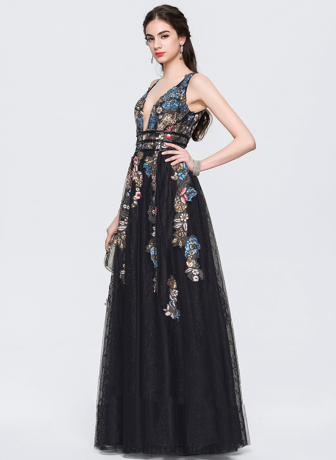 A-Line Lace V-neck With Sequins Tulle Floor-Length Shirley Beading Prom Dresses