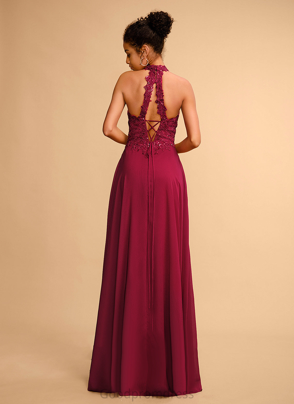 Lana With Lace Prom Dresses A-Line Chiffon Floor-Length Halter Sequins