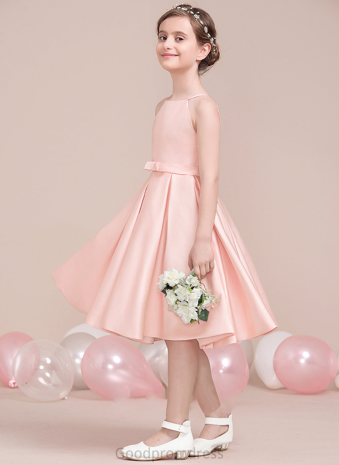 Knee-Length Square Jaida Bow(s) Satin Junior Bridesmaid Dresses A-Line With Neckline