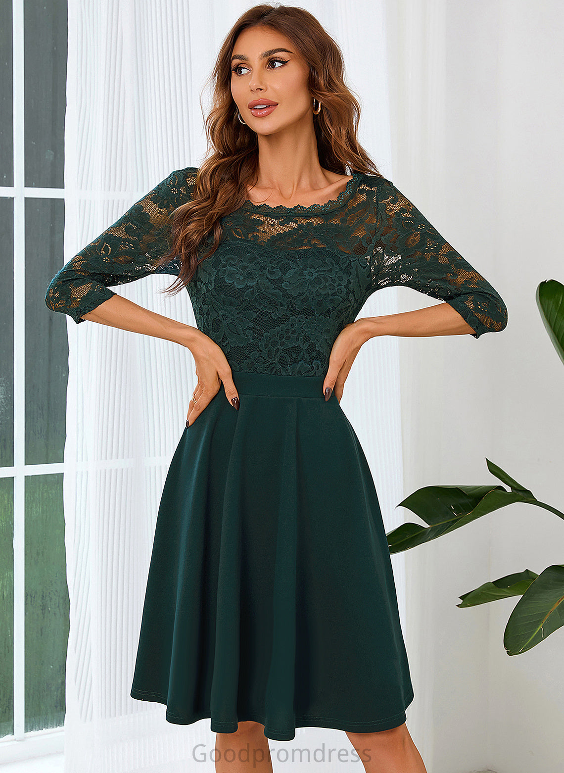 Lace Melany Round A-line Dresses Mini Cotton Blends Club Dresses Neck Elegant Sleeves 3/4