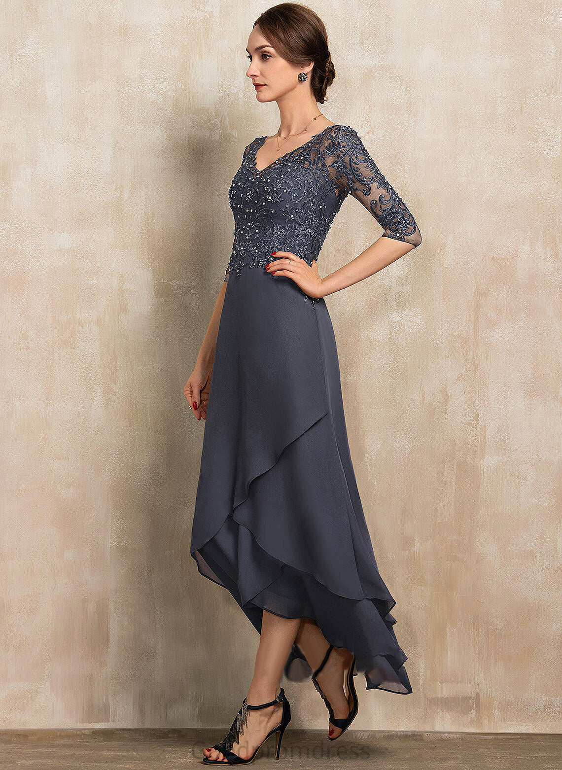 With Emma V-neck Bride of Mother Sequins Mother of the Bride Dresses A-Line Lace Dress Asymmetrical the Chiffon Beading