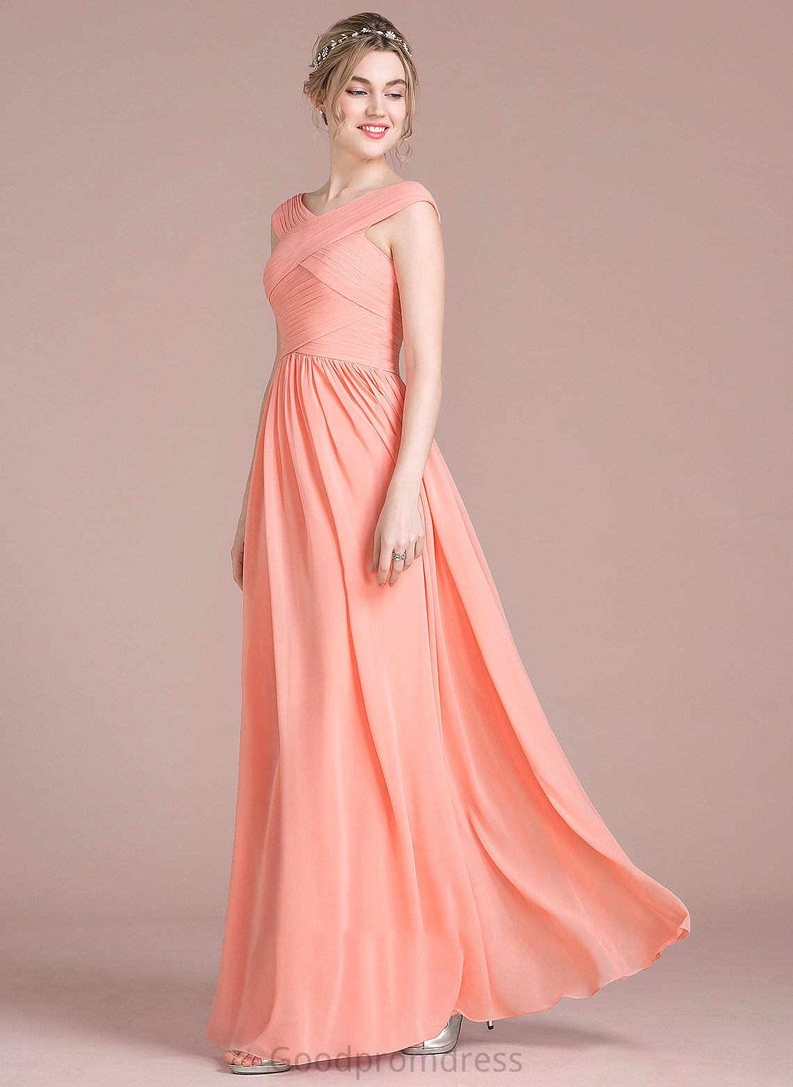 Neckline Straps Fabric V-neck Embellishment Ruffle Length Floor-Length Coral Sleeveless Natural Waist A-Line/Princess Bridesmaid Dresses