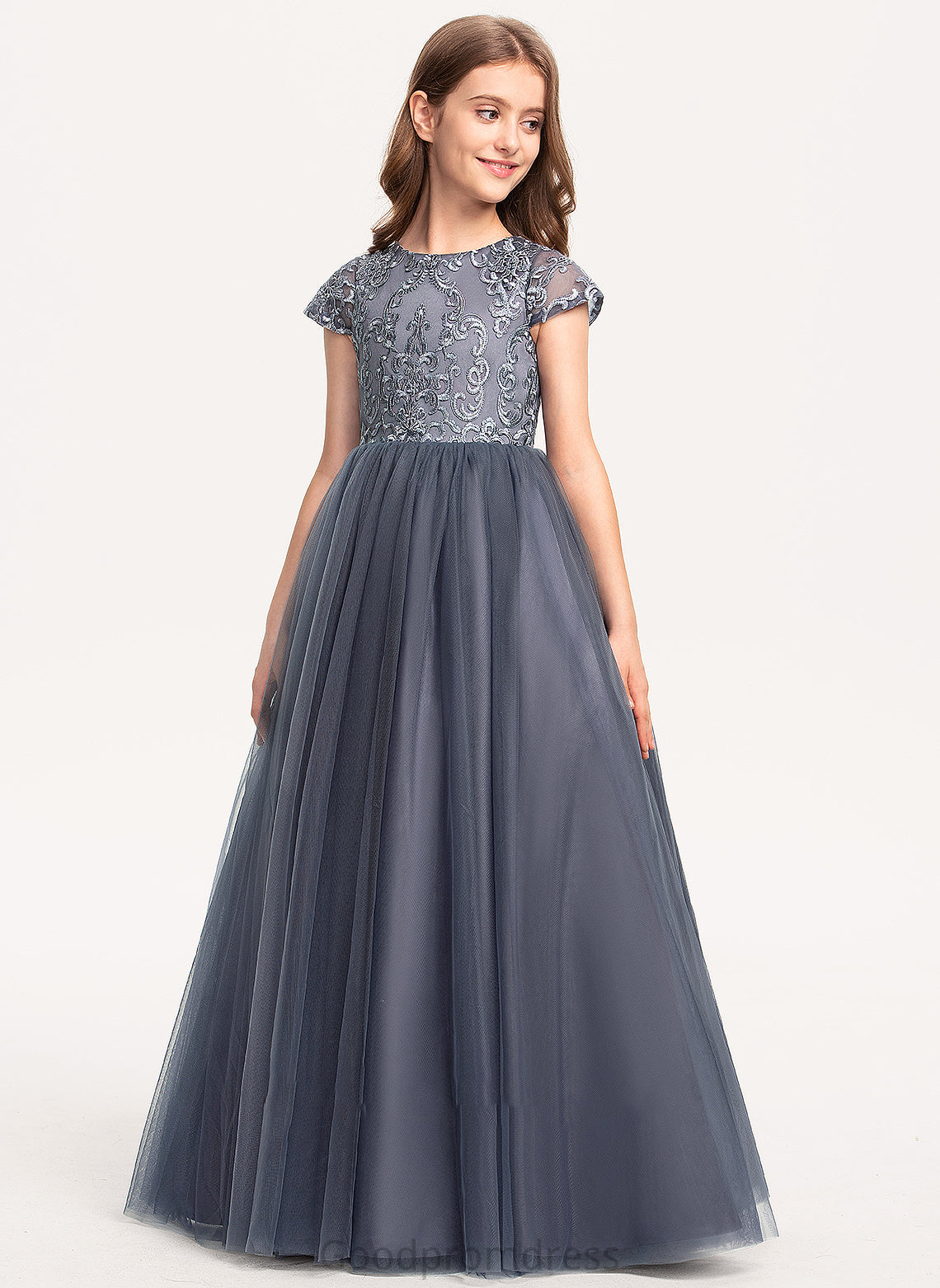 Junior Bridesmaid Dresses Ball-Gown/Princess Lace Floor-Length Neck Jaslene Scoop Tulle