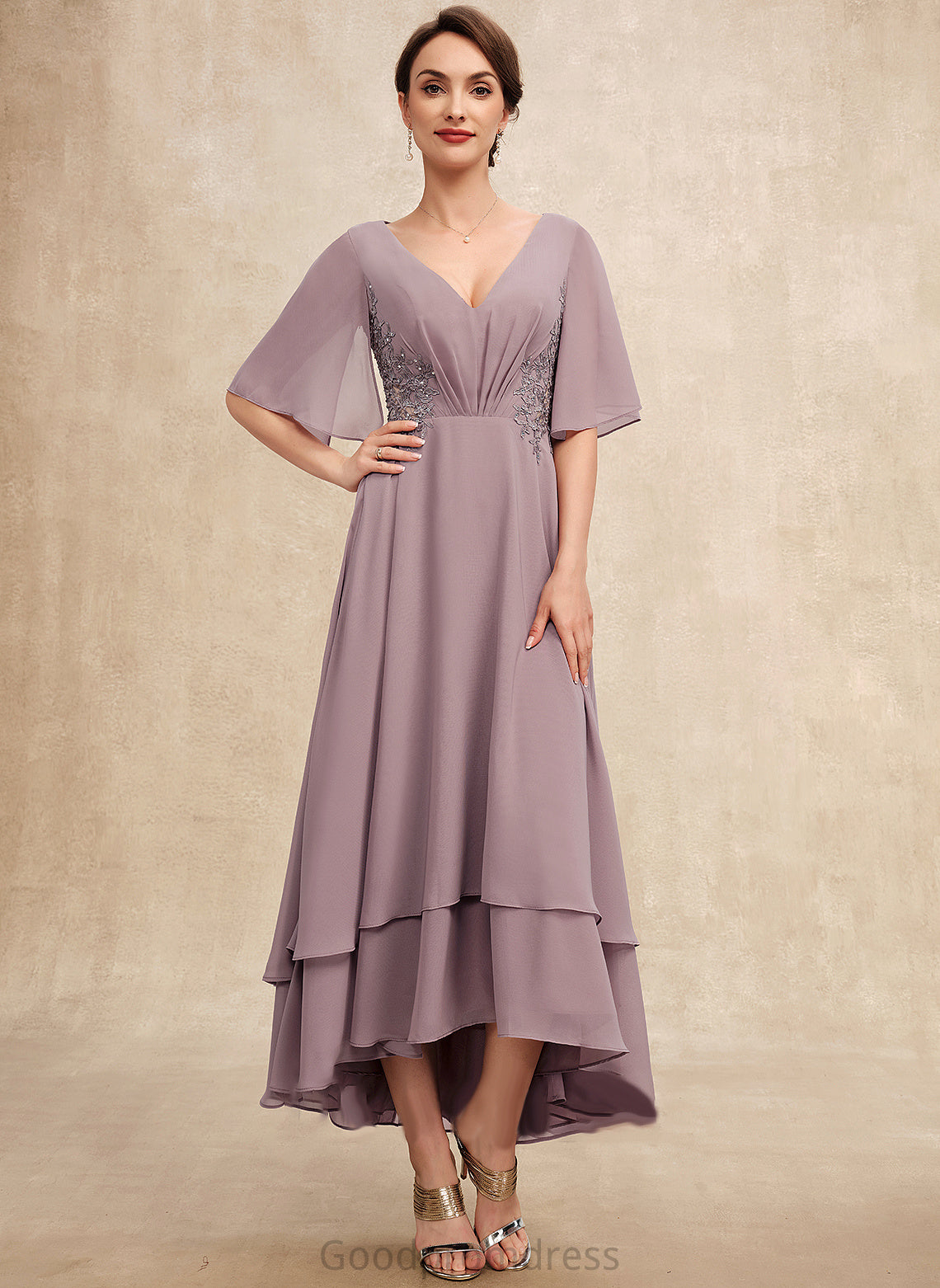 V-neck Mother Dress Asymmetrical Hanna Ruffle Lace Bride Beading the Mother of the Bride Dresses With of A-Line Chiffon