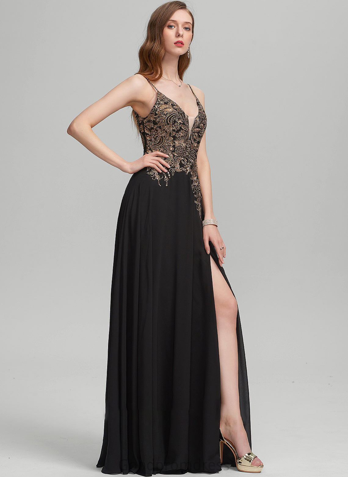 Prom Dresses Front Split With Chiffon V-neck Sequins Lace A-Line Floor-Length Brooke