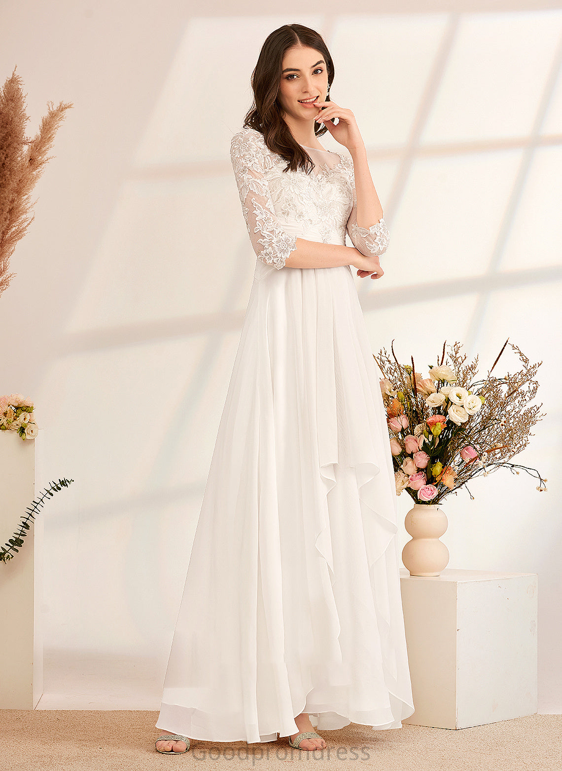 Beading Floor-Length Wedding With A-Line Dress Abigail Illusion Wedding Dresses Ruffle