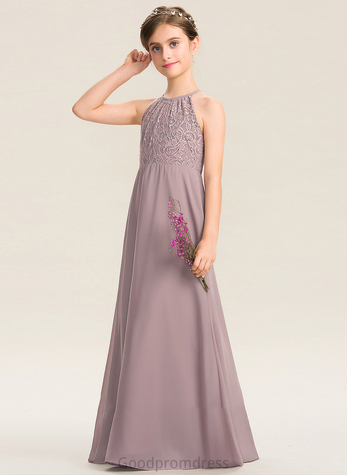 Junior Bridesmaid Dresses Thalia A-LineScoopNeckFloor-LengthChiffonLaceJuniorBridesmaidDressWithRuffle#173272