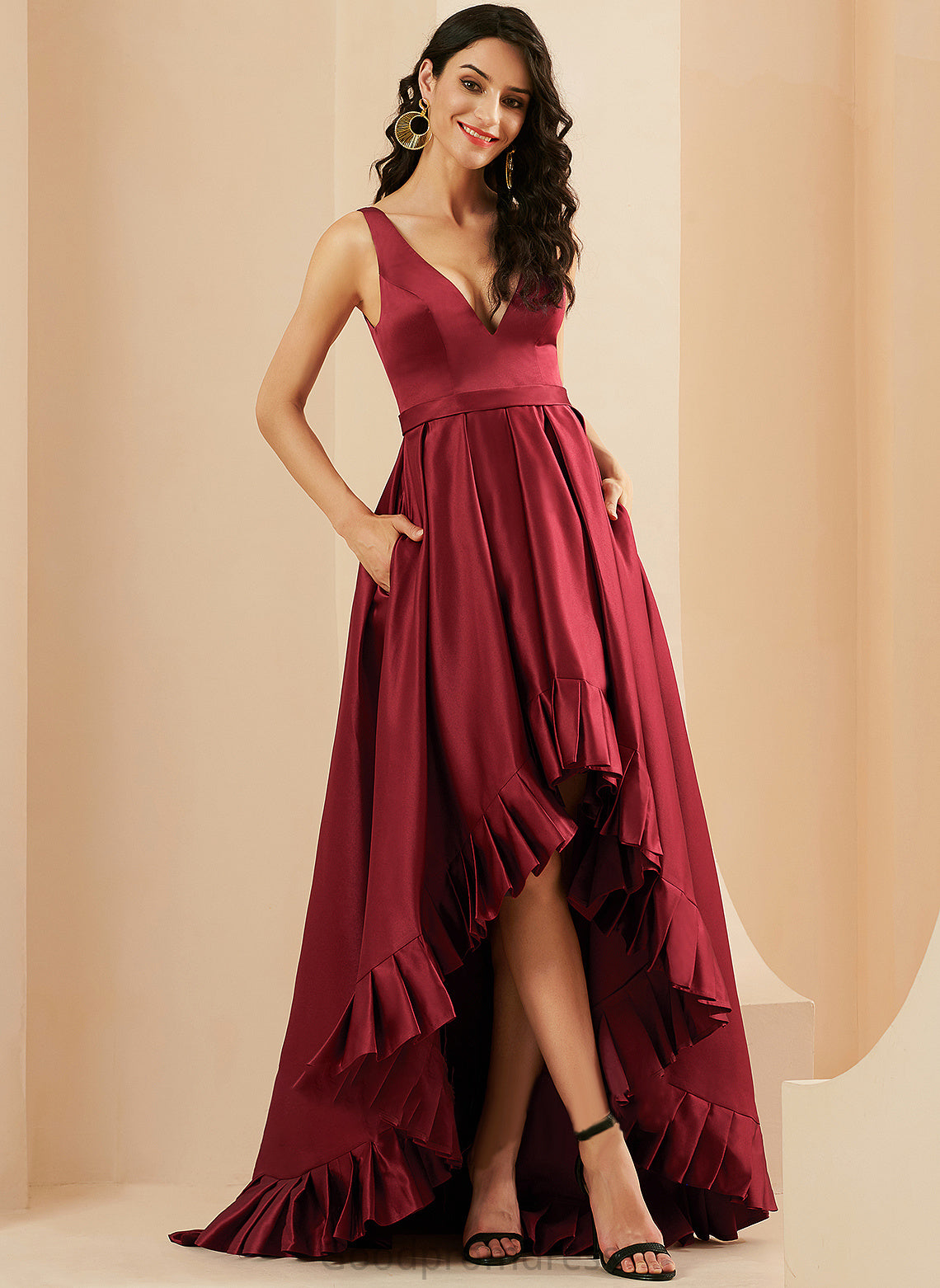 Asymmetrical Satin Ball-Gown/Princess With V-neck Pockets Jan Prom Dresses