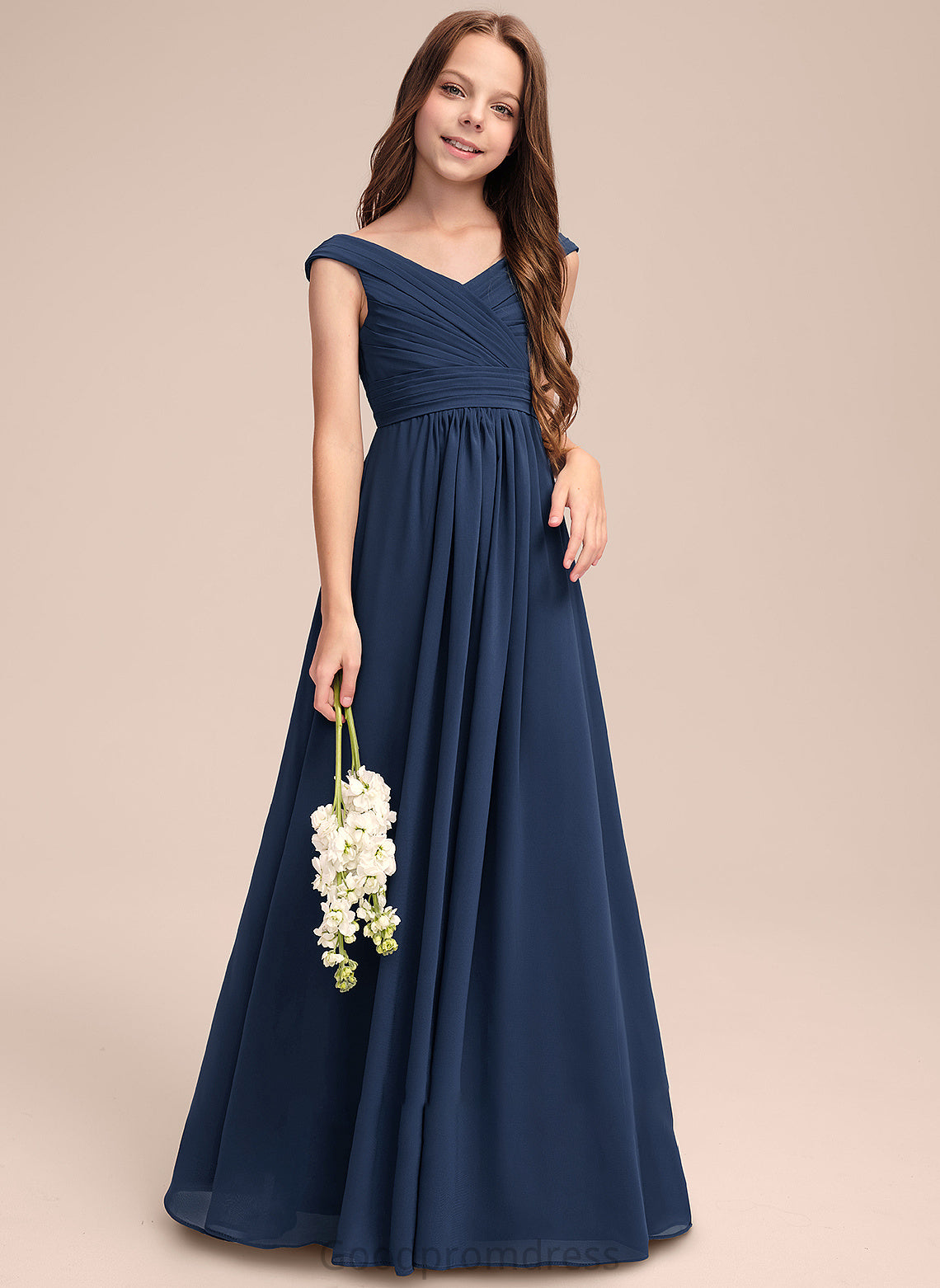 Off-the-Shoulder A-Line Floor-Length Breanna With Ruffles Junior Bridesmaid Dresses Chiffon