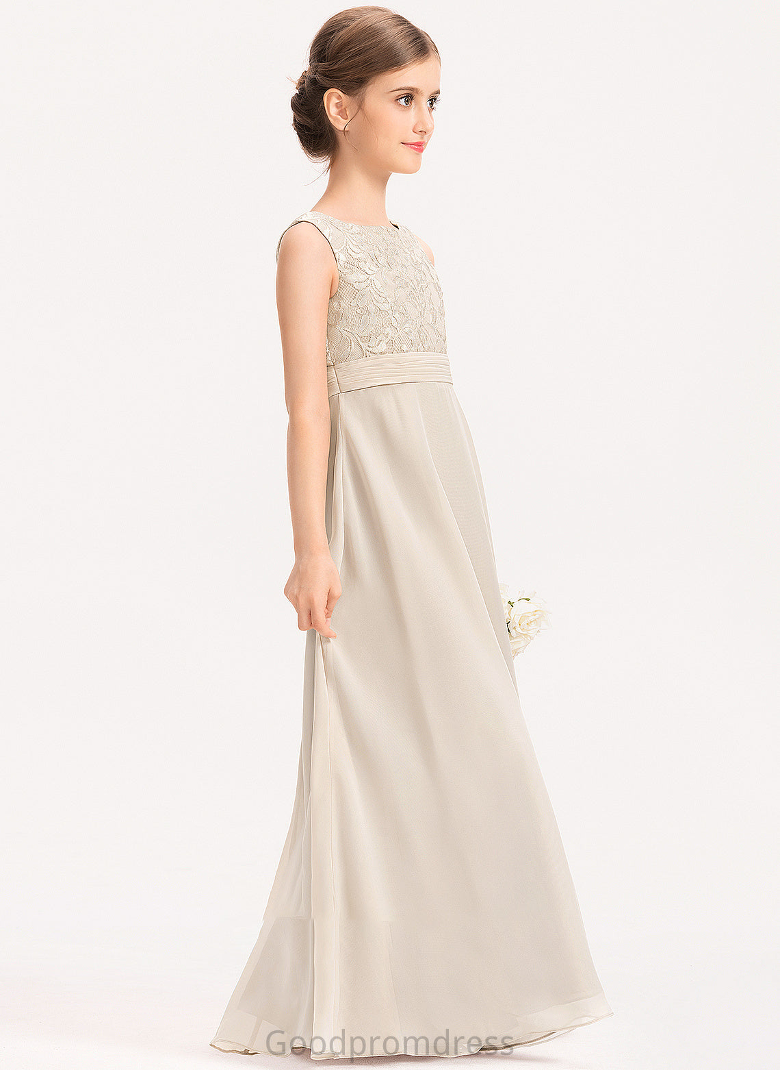 Floor-Length Lace Junior Bridesmaid Dresses Amelie Ruffle Neck With Chiffon Scoop A-Line