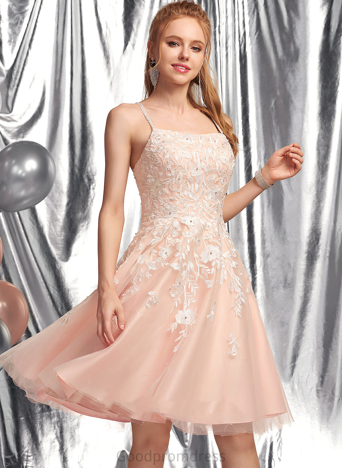 Knee-Length Dress Beading Tulle With Square Regina Homecoming Dresses Neckline Homecoming Lace A-Line