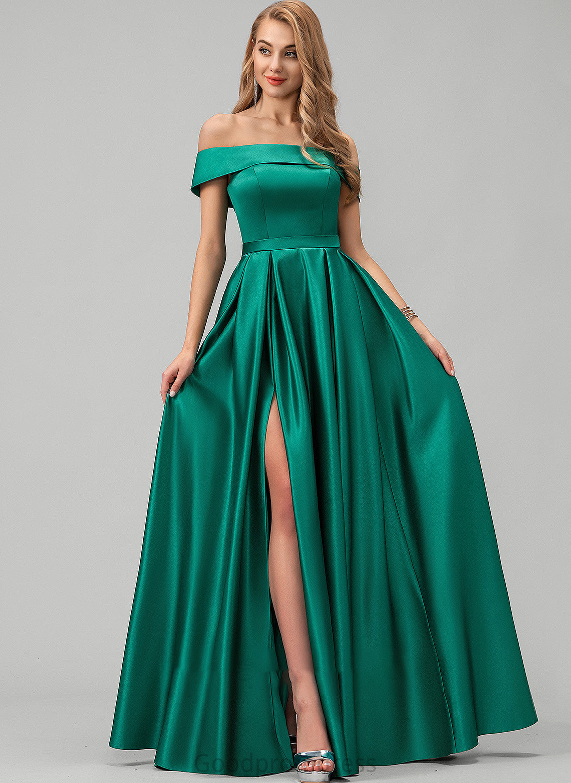 Aileen Satin Floor-Length With Off-the-Shoulder Prom Dresses Front Ball-Gown/Princess Pockets Split