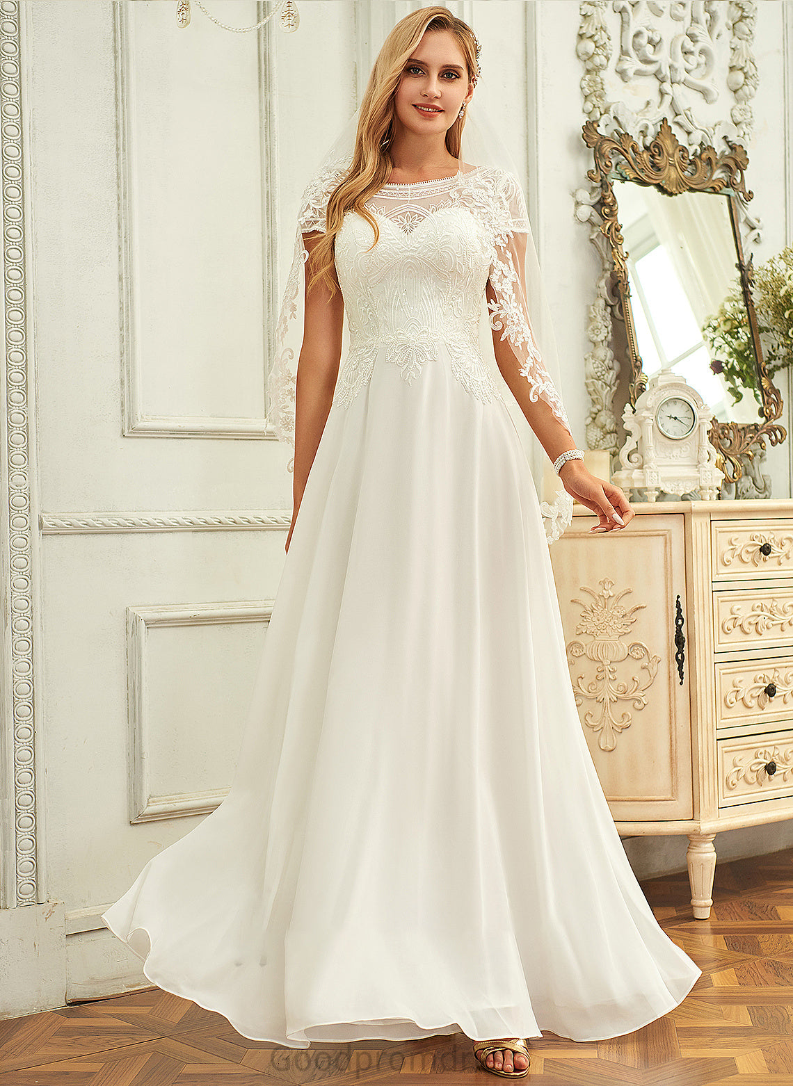 Dress With A-Line Lace Chiffon Sequins Wedding Dresses Scoop Floor-Length Wedding Neck Linda