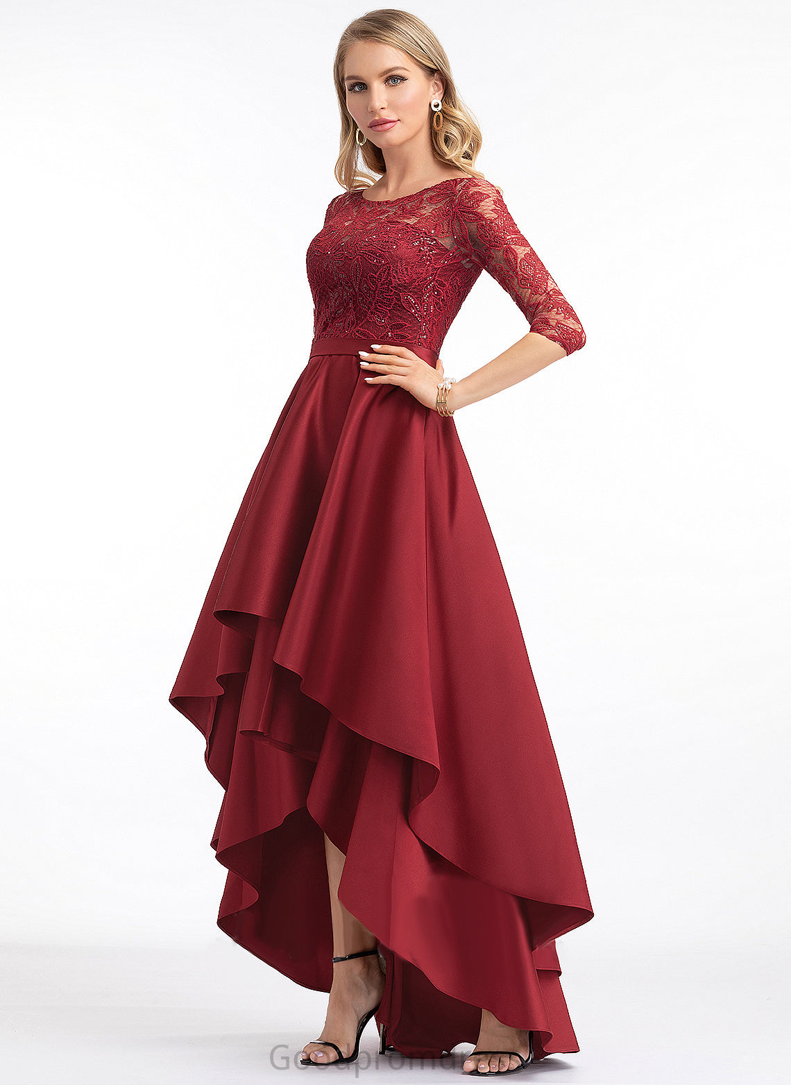 Round Lace Sleeves Neck 1/2 A-line Sequins Dresses Isabelle Asymmetrical Satin Satin Club Dresses