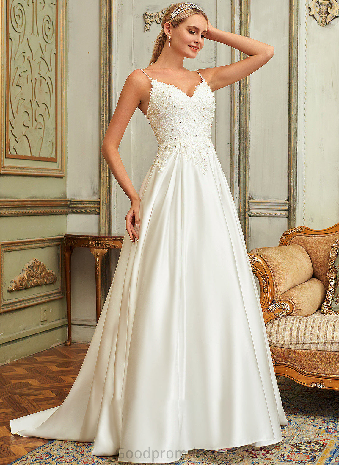 Lace Wedding Dresses Pockets With Satin Train V-neck Lace Sweep Ball-Gown/Princess Sequins Kenley Beading Dress Wedding