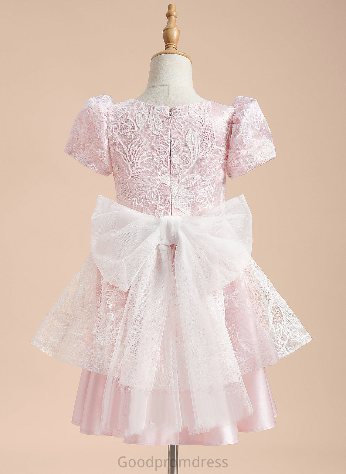 A-Line Short Flower Girl Dresses - Sleeves Knee-length Neck Emma Scoop Girl Flower Satin/Tulle With Lace/Sequins/Bow(s) Dress