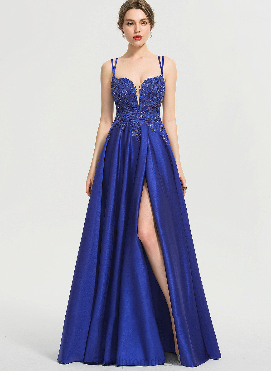 Front Satin V-neck Ball-Gown/Princess Sequins Mildred With Floor-Length Split Prom Dresses