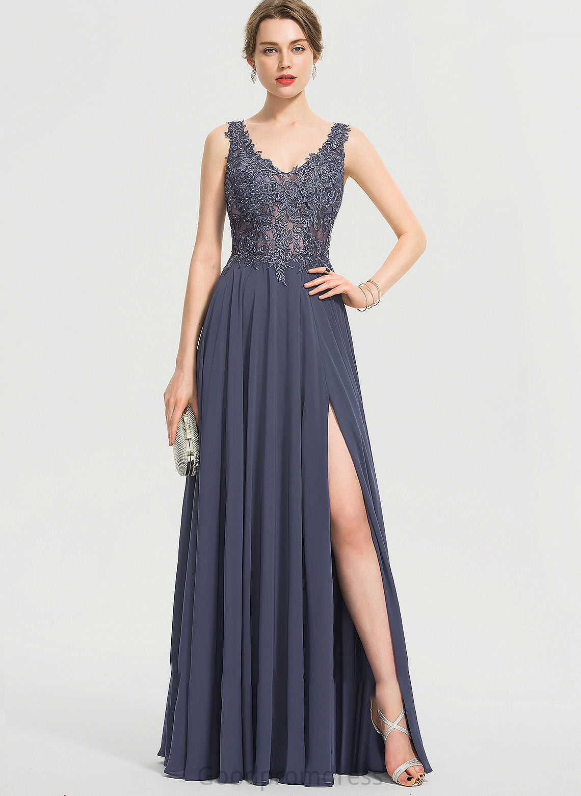 Sequins Floor-Length Split With Nancy Chiffon V-neck A-Line Prom Dresses Front Beading