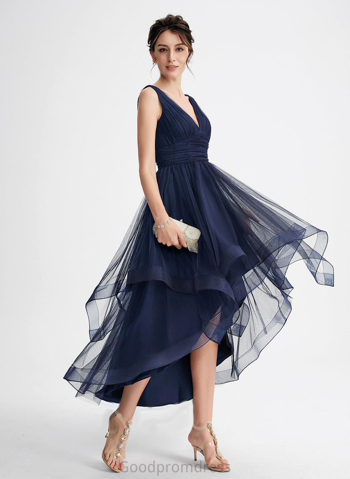 Ruffles Asymmetrical With Gemma A-Line Cocktail Cascading Pleated Tulle Dress Cocktail Dresses V-neck