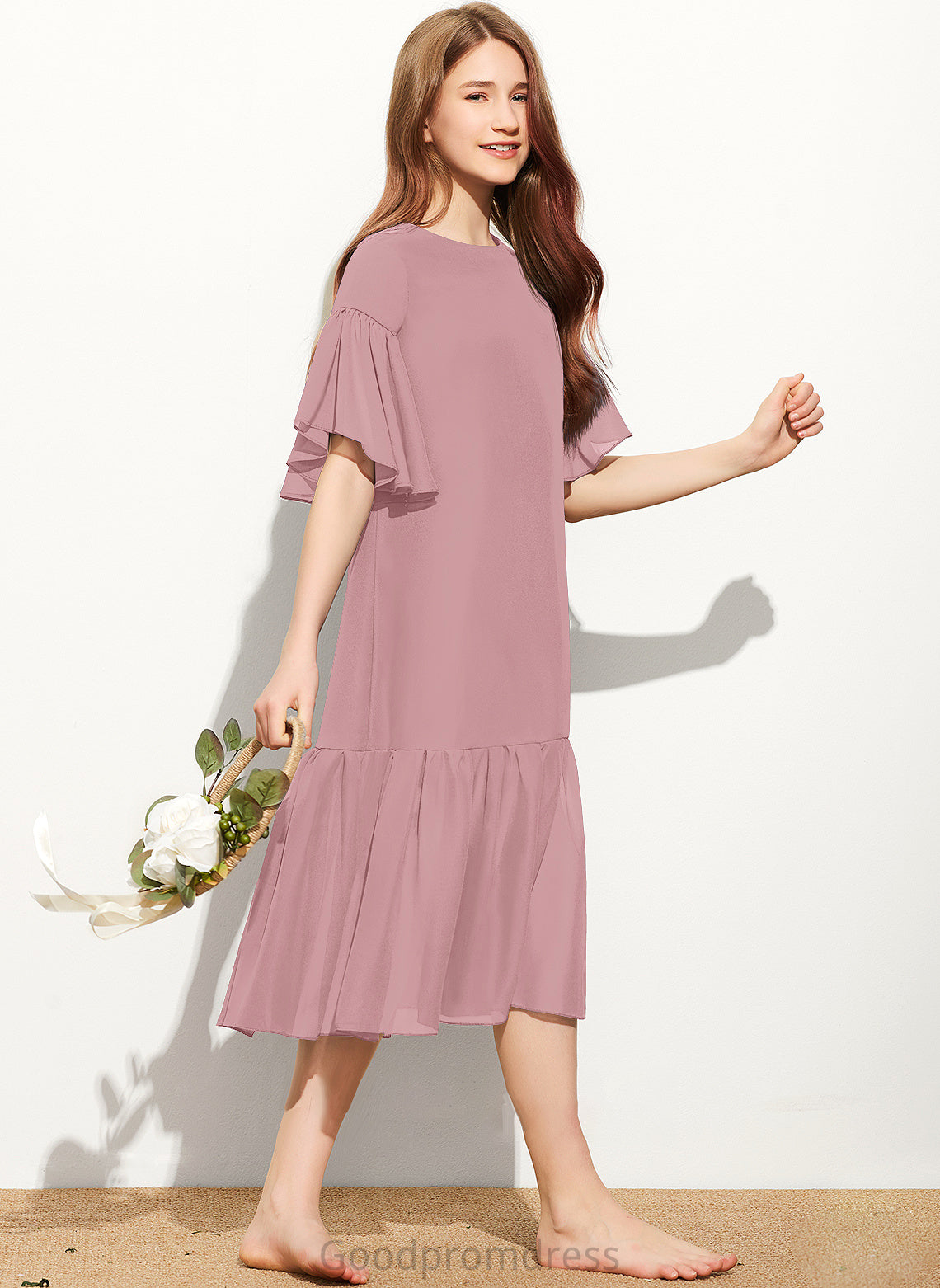 Cascading Scoop With Knee-Length Junior Bridesmaid Dresses Ruffles Liliana A-Line Neck Chiffon